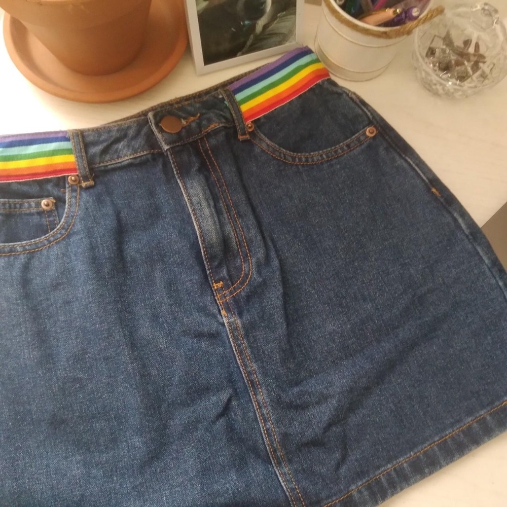 Rainbow waist band mini denim skirt